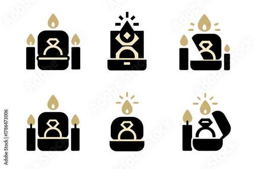 Candlelit Engagement Logos. Romantic candlelit dinners. Set Logo of ring box reveal: ring box under candlelight. Icon set. harmonious logo variations of the