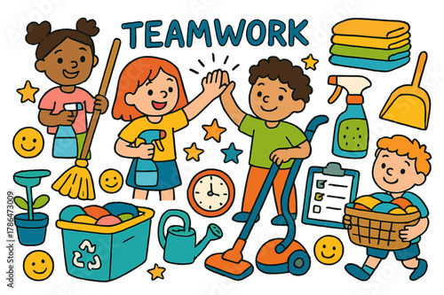Teamwork Chores Doodle. Teamwork chores. Colorful Hand-drawn doodle Children illustration Teamwork chores laundry basket, broom, dustpan, spray bottle, folded