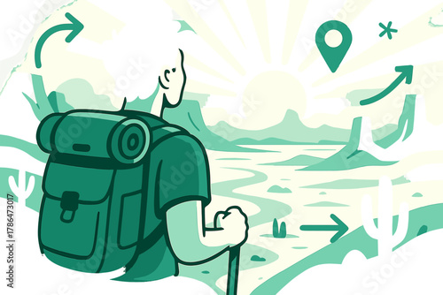 Desert Adventure Panorama. Hiker?s perspective. Over-the-shoulder view of person gazing at desert valley;