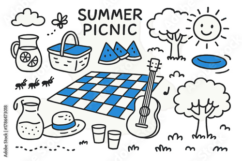 Summer Picnic Doodles. // Summer picnic. Hand-drawn doodle illustration Summer picnic [picnic blanket (accented), picnic basket, watermelon wedges (accented),