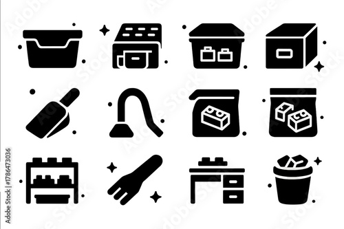 LEGO Storage Icons. LEGO Storage and Organization. Solid icons set of LEGO Storage and Organization: storage bin, color sorter, labeled box, small drawer,