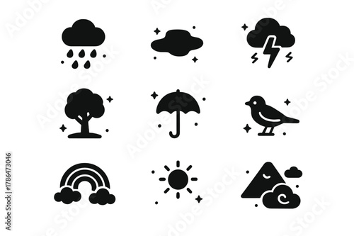 Weather Icons Grid. Rainy Aftermath. Solid icons set of Rainy Aftermath: rain, puddle, cloud, lightning, wind, umbrella, tree, bird, rainbow, sun, mountain,