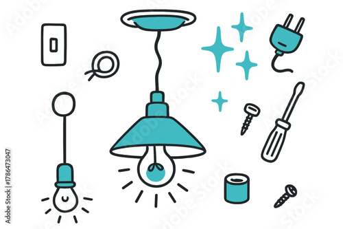 Doodle Light Fixture. // Ceiling light fixture. Hand-drawn doodle illustration Ceiling light fixture [ceiling lamp (accented), bulb (accented), switch, ceiling
