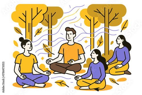 Meditative Forest Connection. Forest Retreat. Participants meditate among tall trees with soft light streaming