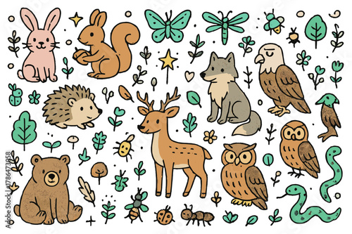 Enchanted Animal Doodles. Enchanted animals. Hand-drawn doodle illustration enchanted animals colored rabbit, colored squirrel, colored hedgehog, colored fox,