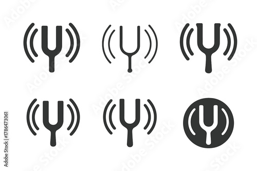 Sound Wave Logos. How sound travels. Set Logo of how sound travels: tuning fork generating vibration lines. Icon set. harmonious logo variations of the same