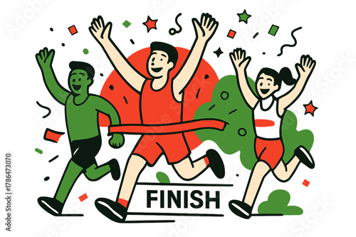 Finish Line Celebration. Race excitement. Runners cross the finish line with arms raised, abstract floating