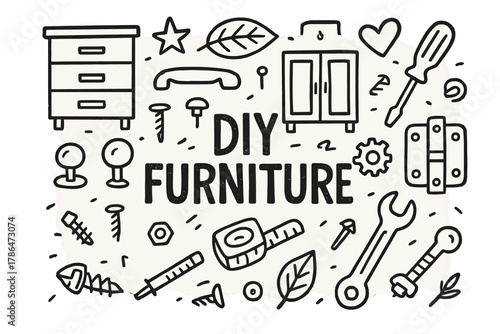 DIY Furniture Doodle. DIY Furniture. Hand-drawn doodle illustration of DIY Furniture. drawer, handle, knob,