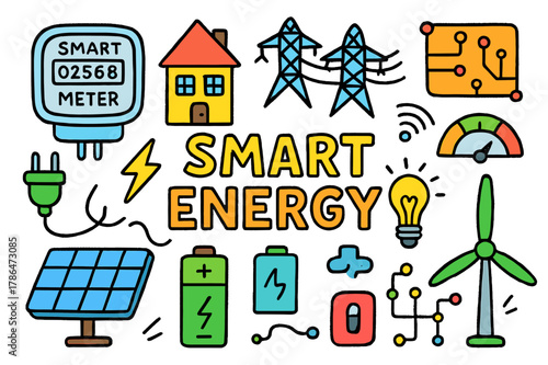 Smart Energy Doodles. smart energy. Colorful Hand-drawn doodle Children illustration smart energy smart meter, electricity meter, digital display, house, power