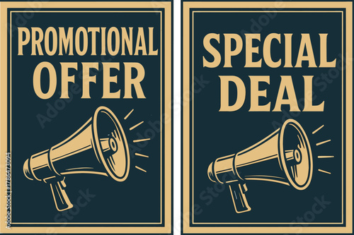 Navy Gold Promotion Banners. PROMOTION. Two vertical A6 banners with safe margins, centered composition, no elements touching edges, retro, navy and gold,