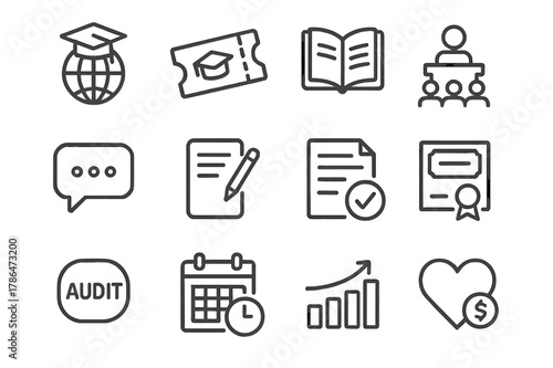 MOOCs Icon Set. MOOCs and open education. Line icon set of MOOCs: global campus, enrollment ticket, course catalog, lecture hall, discussion forum, assignment,