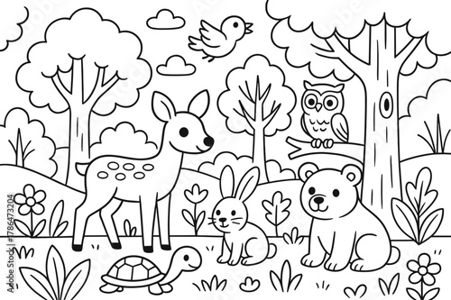 Forest Coloring Page. Ecosystem children?s coloring book illustration, outlined drawing, a picture of a forest with animals and plants, educational design for
