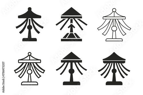 May Day Emblems. May day at an amusement park. Icon set. Set Logo of May day at an amusement park: maypole ribbons near carousel. harmonious logo variations of