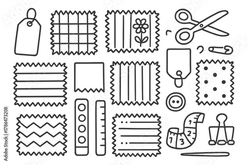 Sewing Tools Doodles. Fabric swatches. Hand-drawn doodle illustration fabric swatches fabric samples, tag, thread spool, scissors, ruler, button, grid, stripe,