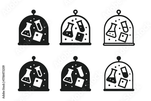 Zero Gravity Logos. Zero gravity experiments. Icon set. Set Logo of zero gravity experiments: space lab with floating equipment. harmonious logo variations of