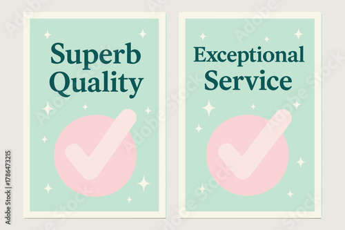 Superb Banners Design. SUPERB. Two vertical A6 banners with safe margins, centered composition, no elements touching edges, pastel, pastel mint and pink,