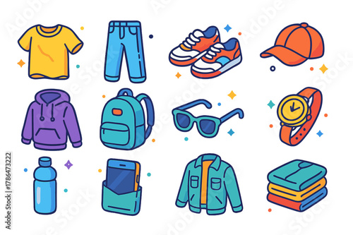 Casual Outfit Icons. Everyday casual outfits. Colorful isometric vector icons set of Everyday casual outfits: worn T-shirt, denim jeans, sneakers, baseball