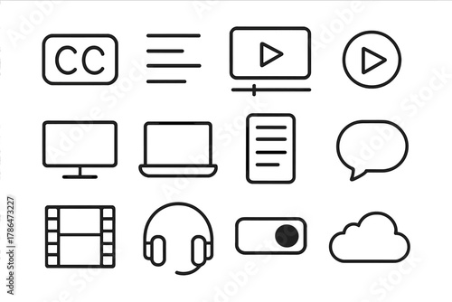 Closed Caption Icons Grid. Closed captioning. Line outline icon set of closed captioning: closed captions icon