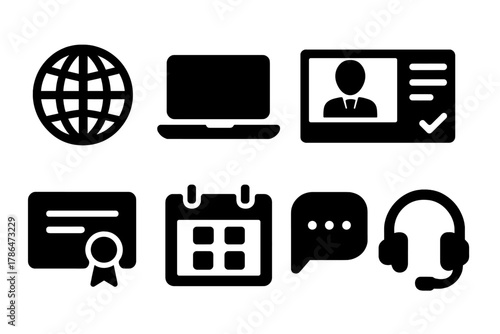 Distance Learning Icons. Distance Education. Filled icon set of Distance Education: globe, laptop, video