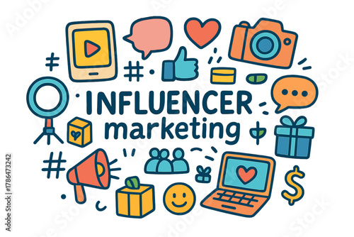 Colorful Influencer Doodle Icons. Influencer marketing. Hand-drawn doodle illustration of Influencer marketing