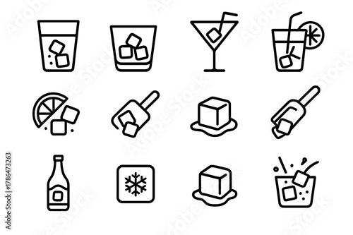Ice Cube Icon Set. Ice Cubes in Drink. Line icon set of Ice Cubes in Drink: glass with ice cubes, tumbler, cocktail glass, whiskey on the rocks, soda with