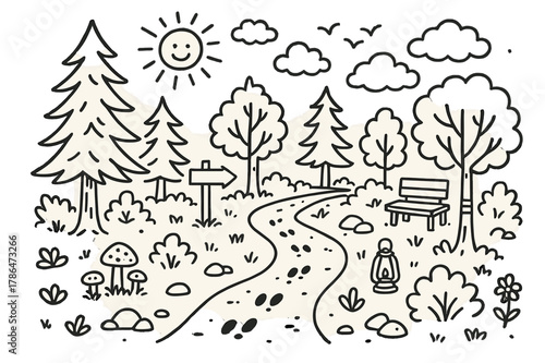 Forest Trail Doodle. Trail in Forest. Hand-drawn doodle illustration Trail in Forest forest trail, trees, bushes, rocks, mushrooms, flowers,