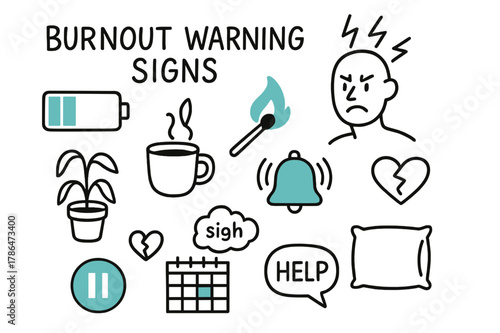 Illustrated Burnout Indicators. // Burnout warning signs. Hand-drawn doodle illustration Burnout warning signs [battery empty (accented), flame-out match