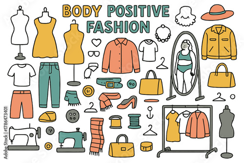 Body Positive Styles. Body positive fashion. Hand-drawn doodle illustration dresses (colored), shirts (colored), pants (colored), skirts (colored), jackets