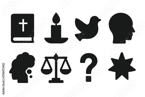 Faith and Philosophy Icons. Faith and philosophy. Filled icon set of faith and philosophy: book, candle, dove,