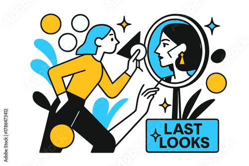 Makeup Magic Moment. Behind-the-scenes filming ? Makeup touch-up. Powder puffs into clean circles; a mirror reflects geometric cheeks and a steady hand. ?LAST