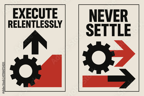 Brutalist Banner Art. Execute relentlessly. Two vertical A6 banners with safe margins, centered composition, no elements touching edges, brutalist, black and