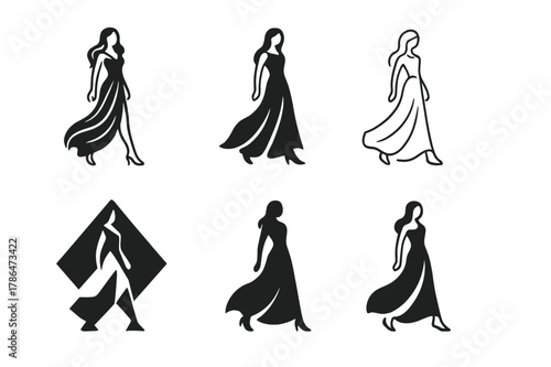 Stylish Womenswear Logos. Womenswear fashion. Icon set. Set Logo of Womenswear fashion: runway model walking with flowing gown. harmonious logo variations of