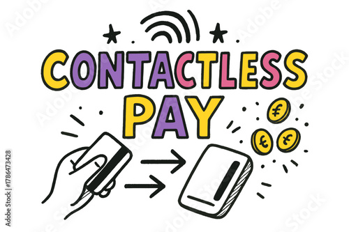 Playful Contactless Pay. Contactless Pay ? Doodle / Sketch; lettering: playful hand-drawn with rough sketch outlines; layout: casual with arrows and stars;