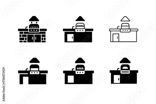 Outdoor Kitchen Icons. Home barbecues and outdoor kitchens. Icon set. Set Logo of home barbecues and outdoor kitchens: modern stone island kitchen with