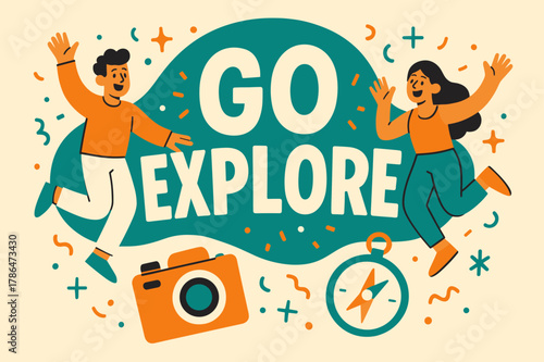 Go Explore Adventure. Go explore banner, flat vector illustration, bold oversized text inside rounded blob, cartoon characters jumping and waving, compass and