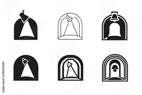 Cinematic Logo Variations. Film festivals and independent cinema. Set Logo of Film festivals and independent cinema: spotlight over a stage arch. Icon set.