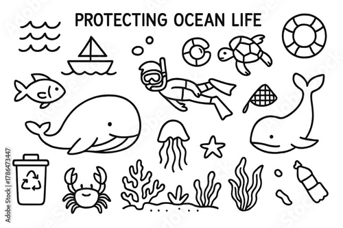 Ocean Conservation Doodles. Protecting Ocean Life. Hand-drawn doodle illustration Protecting Ocean Life fish, dolphin, turtle, whale, coral reef, crab,