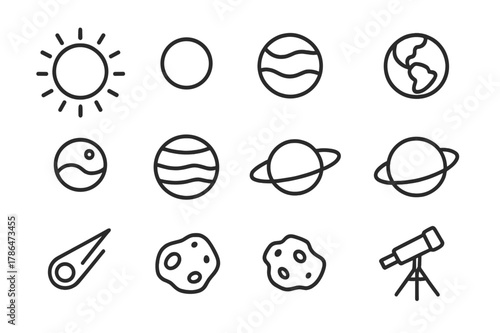 Space Icons Collection. Space exploration. Line icon set of space exploration: sun, mercury, venus, earth, mars, jupiter, saturn, uranus, neptune, comet,