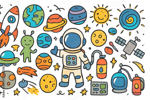 Space Doodle Extravaganza. Space. Colorful Hand-drawn doodle Children illustration Space planets, rockets, astronauts, aliens, stars, moons, suns, galaxies,