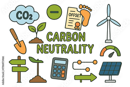 Carbon Neutrality Icons. Carbon neutrality. Colorful Hand-drawn doodle Children illustration Carbon neutrality CO2 cloud, minus sign, tree sapling, offset