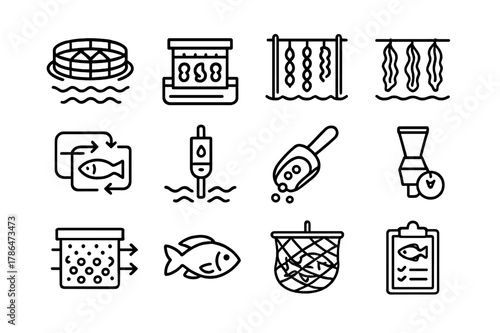 Sustainable Aquaculture Icons. Sustainable Aquaculture. Line icon set of Sustainable Aquaculture: fish farm pen, oyster rack, mussel longline, seaweed rope,