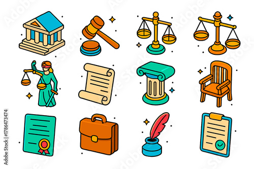 Colorful Justice Icons. Justice system symbols. Colorful isometric vector icons set of Justice system symbols: courthouse building, gavel, law book, scales of