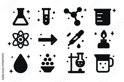 Chemical Lab Icons. Chemical Lab Work. Solid icons set of Chemical Lab Work: flask, test tube, molecule, beaker, atom, reaction arrow, pipette, Bunsen burner,