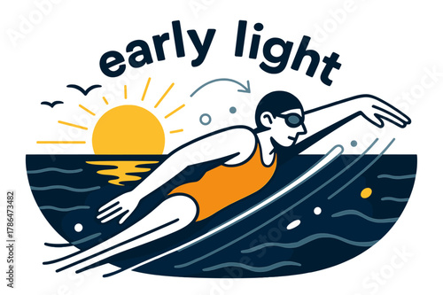 Sunrise Swim Bliss. Beach Vacation ? Sunrise Swim. A swimmer glides through glassy water toward a rising sun; long motion lines trail behind. Caption ?early