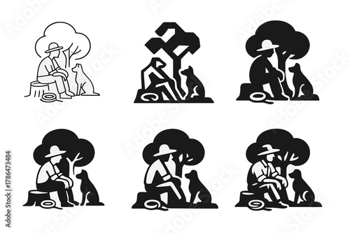 Farmer and Dog Logos. A farmer and his dog taking a break under the shade of a tree. Set Logo of A farmer and his dog taking a break under the shade of a tree: