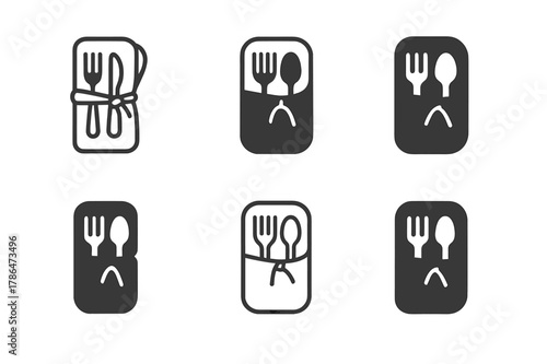 Cutlery Roll Icons. Cutlery roll. Icon set. Set Logo of cutlery roll: compact dining tools wrap. harmonious logo variations of the same emblematic concept,