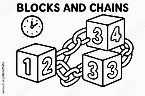 Numbered Cubes Chain. Blocks and chains children?s coloring book illustration, outlined drawing, four numbered cubes connected by simple links forming a chain