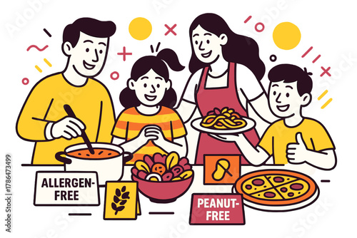 Allergen-Free Family Cooking. Cooking Together Safely. A family prepares allergen-free meals, smiling as