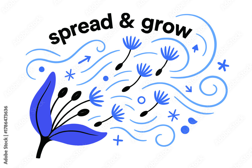 Fototapeta premium Seeds on the Wind. Seeds ? Wind Scatter. Light gusts lift seeds from a pod; spiral lines mark flight paths. Text ?spread & grow? arcs through the breeze.