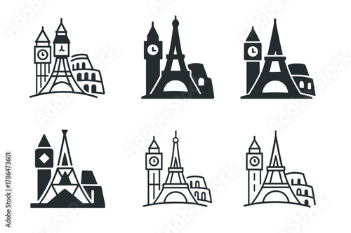 Cultural Landmark Logos. Study abroad experiences. Set Logo of Study abroad experiences: cultural landmarks trio. Icon set. harmonious logo variations of the
